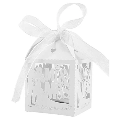 Image of JZK 50x Groom and bride Mr &amp; Mrs wedding favours boxes hollowed out pearly white paper confetti sweets box rice small gift for anniversary engagement hen party prom