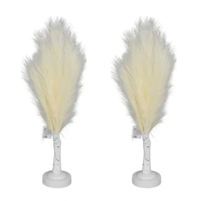 Image of SHATCHI 2Pcs 70cm Cream Feather Tree Table Lamp Warm White LEDs Lighted Pampas Battery Operated Decorative Night Light for Christmas, Home, Events, Holiday Decorations
