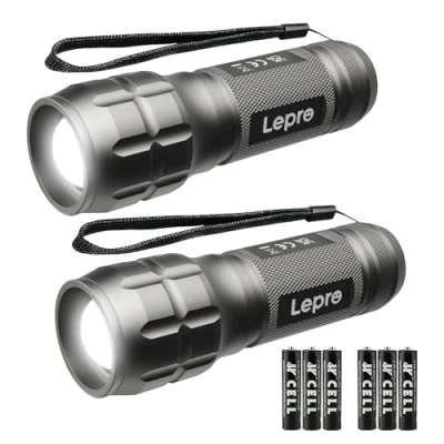 Image of Lepro LE LED Torch Battery Powered, LE1000 Hand Flashlight, Adjustable Focus, Water Resistant, Lightweight, for Power Cut, Camping, Dog Walking, Easy to Use Small Torch, Gift Kids Men Dad, 2 Packs