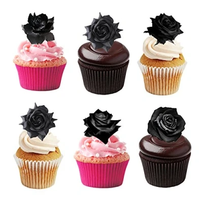 Image of 30 Halloween Black Rose Flower Edible Wafer Paper Cake Toppers Decorations