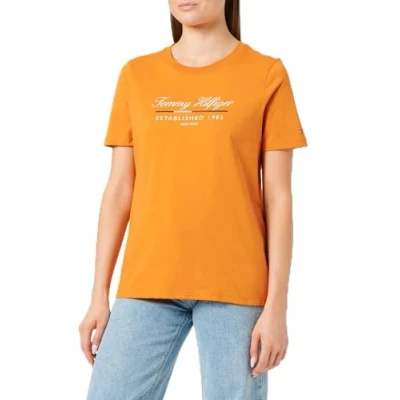 Image of Tommy Hilfiger Women&#039;s Reg Script Graphic C nk Ss Ww0ww43502 S/S T Shirt, Orange (Autumn Orange), L