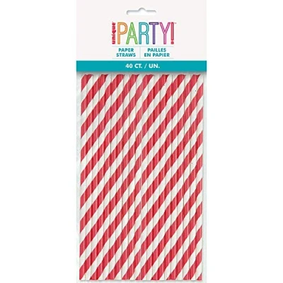 Image of Stylish Ruby Red Striped Paper Straws Perfect for Birthday Parties &amp; Everyday Use 40ct