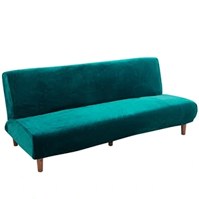 Image of Mingfuxin Armless Sofa Bed Covers, Thick Stretch Velvet 2 3 Seater Cover Seat Couch Protector, Non Slip Elastic Folding Shield Futon Slipcover (Thick Emerald Green)