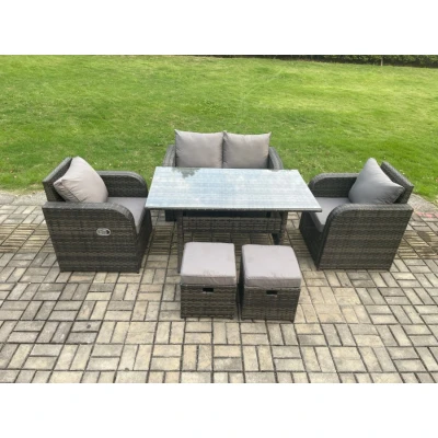Image of Rattan Garden Furniture 6 Piece Grey Patio Set Conservatory Seater Outdoor Rectangular Table and Chairs Fimous