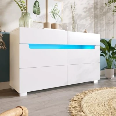 Image of ModernLuxe Sideboard Cabinet with 6 Drawers, App Controlled LED Lighting, Cut Out Handles, Multi Purpose Dresser for Living Room &amp; Bedroom, 71x120x40 cm White