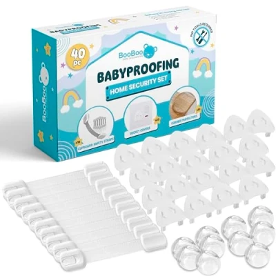 Image of Booboo (40 Pack) Child Safety Baby Proofing Kit x10 Door Strap Locks, Corner Guards, x20 Plug Protectors Proof Your Home &amp; Kitchen with No Trapped Fingers Tools Needed