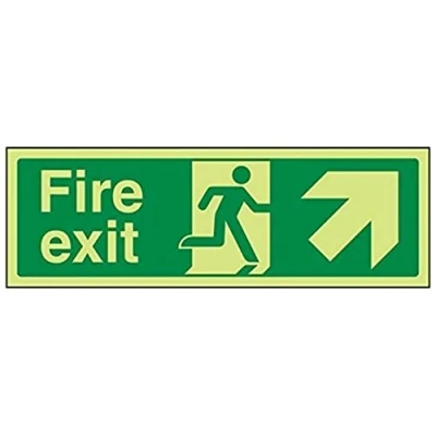 Image of V Safety Glow In The Dark Fire Exit Arrow Up And Right Sign 300mm x 100mm Rigid Plastic