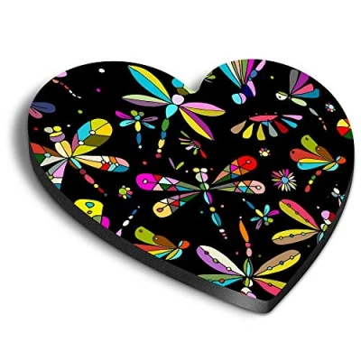 Image of 1 x Heart MDF Magnets Colorful Dragonfly Butterfly Print 14410