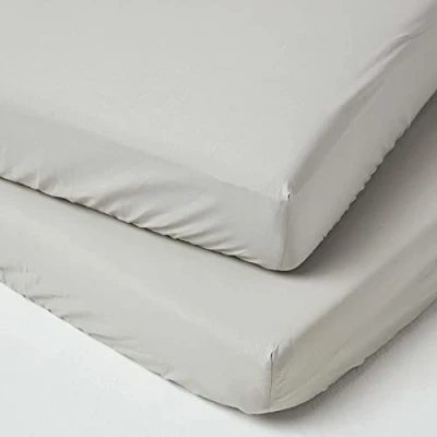 Image of HOMESCAPES Grey Cot Bed Fitted Sheets 70 x 140 cm 2 Pack 100% Egyptian Cotton Percale Soft Hypoallergenic Toddler Sheet Fully Elasticated Skirt Breathable Easy Care 200 TC 400 Thread Count Equiv