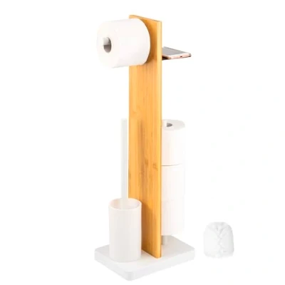 Image of eluno 4 in 1 Toilet Brush and (Replacement) Roll Holder, Shelf, Bamboo/Metal (white)