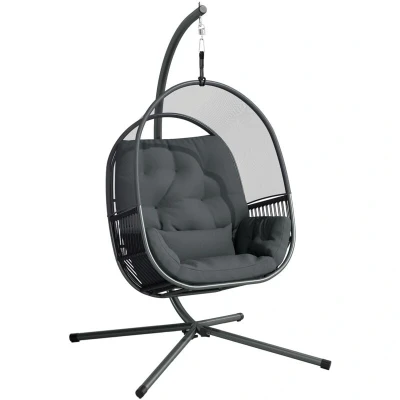 Image of Outsunny Hanging Egg Chair Outdoor Indoor, Swing Hammock with Stand, Cushions, Lumbar Pillow, Adjustable Height and Steel Frame for Garden Patio Lounge Porch, Dark Grey