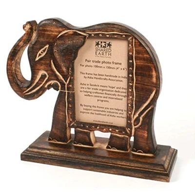 Image of Fairtrade Elephant Shape Mango Wood Free Standing Picture/Photo Frame Hand carved India