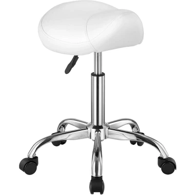 Image of VEVOR Saddle Stool with Wheels, 450 LBS Weight Capacity Ergonomic Rolling Stool, Height Adjustable Thickened PU Leather Swivel Chair for Salon, Spa, Massage, Tattoo, Clinic, White