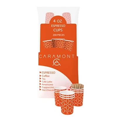 Image of Caramont, 4 oz 200 Espresso Cups in Cardboard with Wooden Stirrers, Environmentally Friendly and Disposable, Heat Resistant, Quality Cardboard, Ideal for All Hot Drinks, Coffee, Tea, Chocolate, etc.