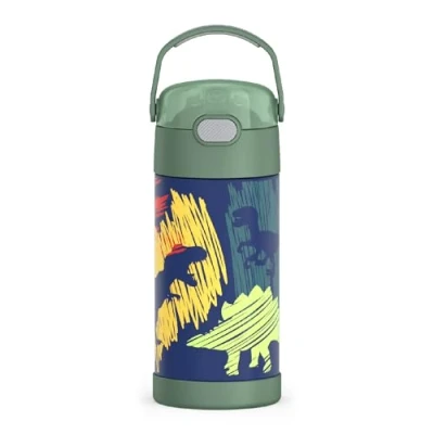 Image of THERMOS FUNTAINER Water Bottle with Straw 12 Ounce, Dinosaurs Kids Stainless Steel Vacuum Insulated Lid