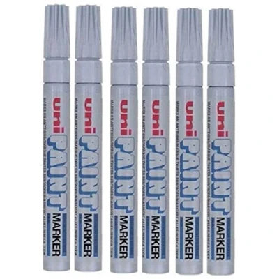 Image of Uni Colour Medium (2.2 2.8mm) PX 20 Silver Oil Paint Marker Pen Metal Glass Wood Plastic Stone Outdoor mm Bullet Nib Tip (Pack Of 6)