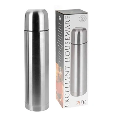 Image of Carousel Home and Gifts 1 Litre Stainless Steel Thermos Flask Double Walled Insulated Vacuum Hot Cold Drinks Hydro With Cup