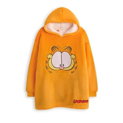 Image of Garfield Kids Wearable Blanket Children&#039;s Oversized Fleece Hoodie in Orange Lazy Tabby Cat Face Unisex Hooded Pullover Loungewear Animation Movie Merchandise Gift for Boys and Girls