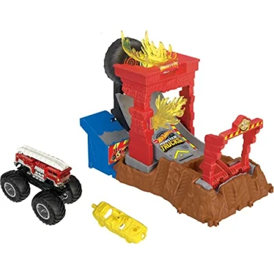 Image of Hot Wheels Monster Trucks Arena Smashers 5 Alarm Fire Crash Challenge Playset with Toy Truck and 1 Crushable Car, HNB90
