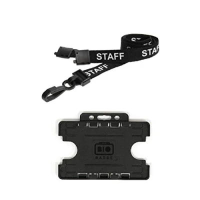 Image of ID Badge card Pass Name Holder Double Sided for two credit sized cards and 15mm Staff Neck Strap Lanyard with Safety Breakaway Plastic Clip Work, School, Office Accessories, Nurses Black