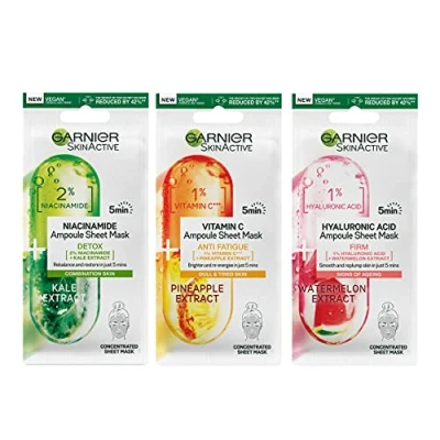 Image of Garnier Ampoule Sheet Masks, Set Of 3 1% Vitamin Cg + Pineapple To Brighten Skin, Hyaluronic Acid Watermelon Replump 2% Niacinamide Kale Rebalance Oily Fast Action 5 mins.