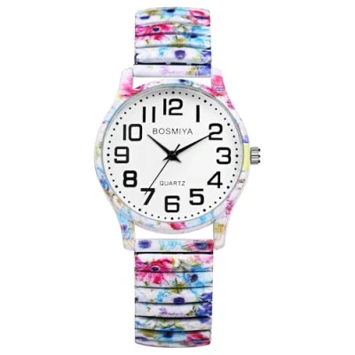 Image of JewelryWe Elastic Watches for Women: Easy Read Analog Quartz Stretch Band Watch Floral Expansion Wristwatch