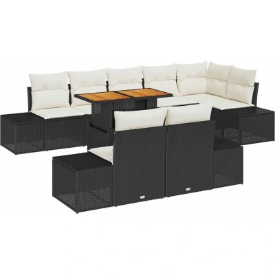 Image of vidaXL 9 Piece Garden Dining Set with Cushions Black Poly Rattan Acacia
