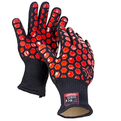Image of Heat Resistant Oven Gloves: EN407 Certified Withstand 932 F, Double Layers Silicone Coating, BBQ Gloves &amp; Mitts For Cooking, Kitchen, Baking, Fireplace, Grilling,1 Pair Standard Cuff