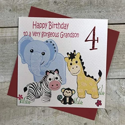Image of white cotton cards Handmade Happy Birthday To A Very Gorgeous Grandson 4&quot; Safari Animals 4th Card, White, GL221 gs4