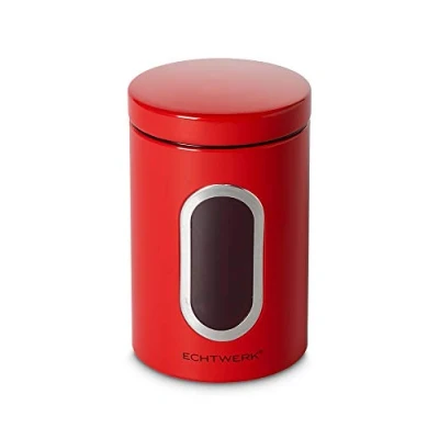 Image of ECHTWERK Stylish Storage Jars Single, Red, for Storing Flour, Sugar, Cereal, Tea, Metal Tin with Airtight Lid and Large Viewing Window, Capacity 1.4 L