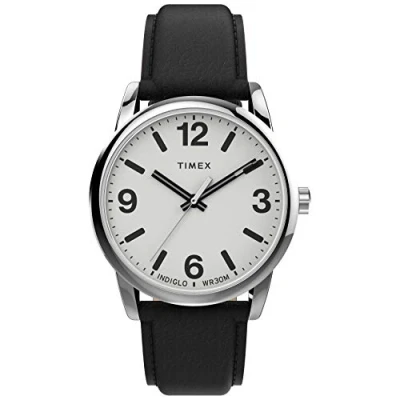 Image of Timex Men&#039;s Easy Reader Bold 38mm Watch Silver Tone Case White Dial with Black Leather Strap