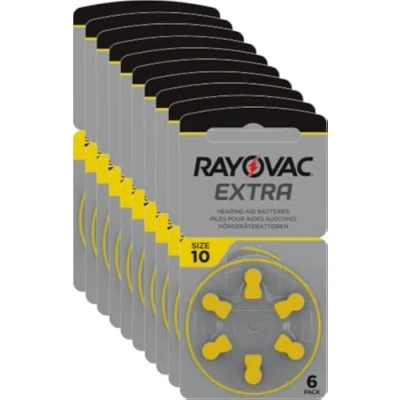 Image of Rayovac Extra Advanced Zinc Air Hearing Aid Battery, Pack of 10, with 60 Batteries, Suitable for Aids Sound Amplifier, Yellow