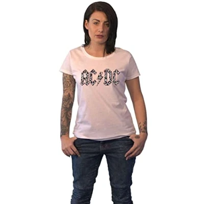 Image of AC/DC T Shirt Mono Leopard Print Band Logo Official Womens Skinny Fit White XL