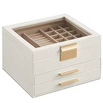 Image of SONGMICS Jewellery Box with Glass Lid, 3 Layer Organiser 2 Drawers, Storage, Plenty of Modern, Gift Idea, 20.3 x 23.1 13.5 cm, Cloud White and Gold JBC239WT