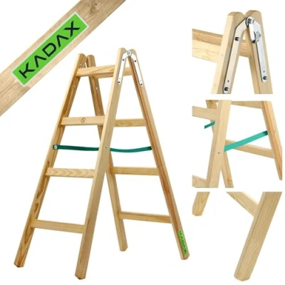 Image of KADAX Wooden Ladder, Fixed Ladder up to 150 kg, Folding Painting Double Step with Steel Hooks, Electrician Household (4 Steps)