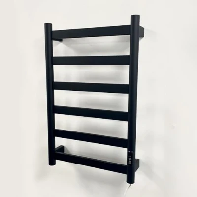 Image of Manissa FALA Electric Black Flat Tube Towel Rail 700mm High Stainless Steel Finish Energy Efficient (500mm W x H Black)