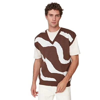 Image of Trendyol Man Fitted Basic V Neck Knitwear Sweater Brown
