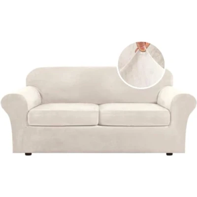 Image of LINGKY Velvet Sofa Cover 2 Seater With Separate Seat Cushion Covers, Stretch Couch Non Slip Slipcovers for Living Room Furniture Protector (Ivory,Large Seater)