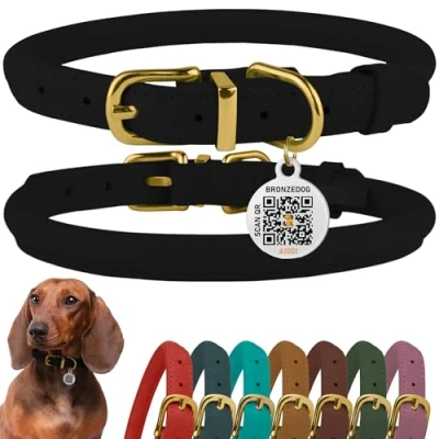 Image of BRONZEDOG Rolled Leather Dog Collar with QR ID Tag Adjustable Soft Round Collars for Small Medium Large Dogs Puppy Cat (Black Night, 35 41 cm)