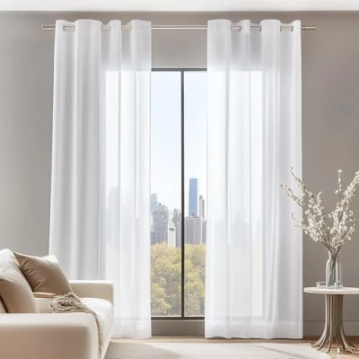 Image of Deconovo Home Decorations Semi Transparent Net Curtains, Voile Panels Eyelet Sheer Curtains for Window, 55 x 69 Inch(Width Length), White, 2