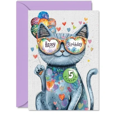 Image of 5th Birthday Card Girl Purrfect Cat Balloons for 5 Year Old Girl, Age Girls Cards, A5 Cats Greeting