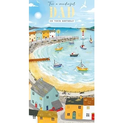 Image of Ling Design Wonderful Dad Birthday Card Lighthouse and Boats at Harbourside with Foil Finish Eco Friendly Recyclable