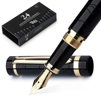 Image of Wordsworth &amp; Black Primori Fountain Pen Set [Blue Gold]; Extra Fine Nib, Gift Case, 24 Ink Cartridges, Refill Converter, Manual; Journaling, Calligraphy, Smooth Writing Pens; Left and Right Handed