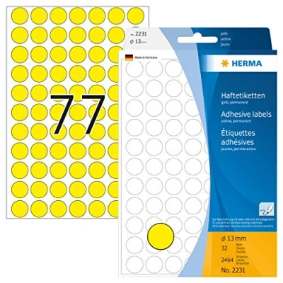 Image of HERMA Dot Stickers Yellow, 2464 Labels, Ø 13 mm, 77 Labels per Sheet, Self Adhesive Round Colour Stickers, Blank Marking Dots, Sticky Circle for Color Coding Calendar