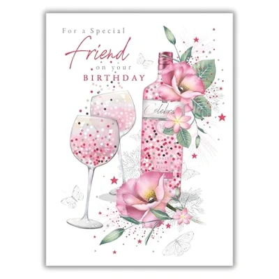 Image of Noel Tatt &#039;Special Friend&#039; General Female Birthday Card for Women Gin Bottle, Glasses &amp; Flowers Embossed with Foil Details Eco Friendly Recyclable