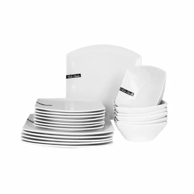Image of Dinner Service for 6 People, 18 Piece Set Soup Plates, Dessert White Porcelain Festa Italia
