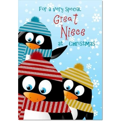 Image of doodlecards Great Niece Christmas Card Three Penquins Medium Size for with Plain Envelope