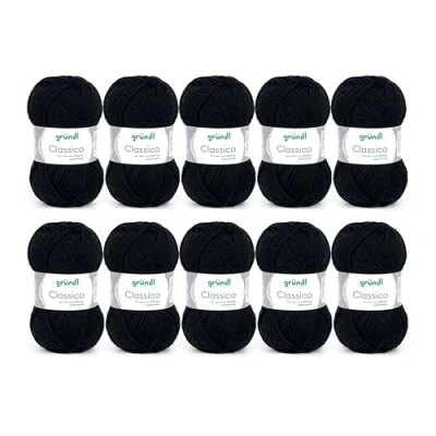 Image of Gründl Classico Value Pack 10 Balls of Hand Knitting Yarn, Virgin Wool (Merino Superwash), 50% Polyacrylic, Black, 30 x 32 8 cm