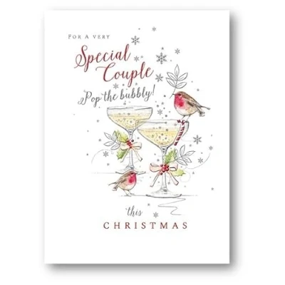 Image of Noel Tatt Special Couple Christmas Card Robins and Champagne Glasses Embossed with Foil Details Eco Friendly Recyclable