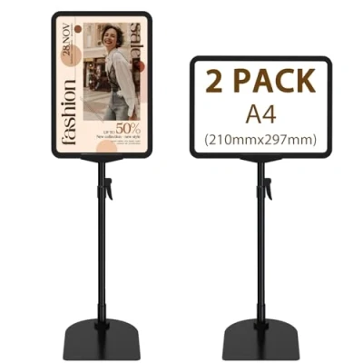 Image of Newzealkids 2 Pack A4 Display Stand Adjustable Poster Stand, Reusable Sign Holder for Advertising Business Menu, Stands Vertical &amp; Horizontal View Displayed, Black